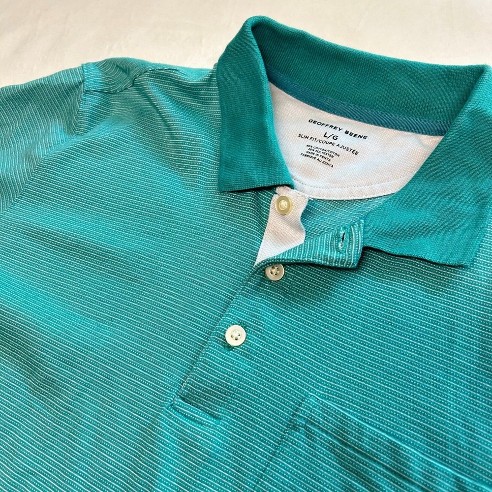 Geoffrey Beene Men Slim Fit Polo Shirt Large Teal Green Striped Pocket Short Slv